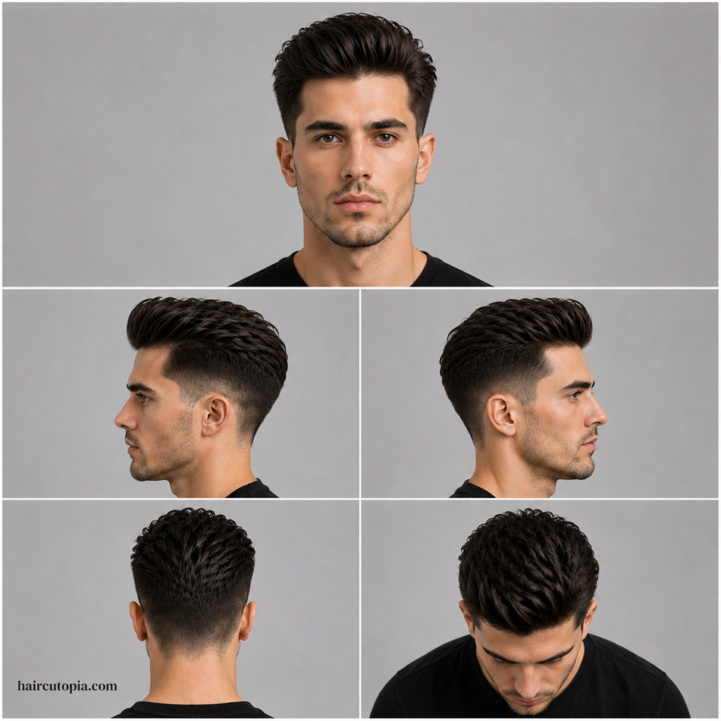 Five-view collage of a low textured pompadour haircut with softly tapered sides for a long face, shown from the front, sides, back, and top.