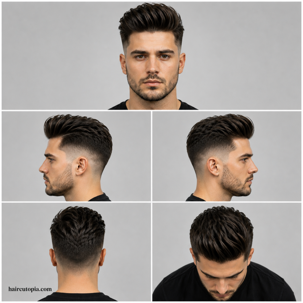 Five-view collage of a textured pompadour haircut with tapered faded sides for an oval face, shown from the front, sides, back, and top.