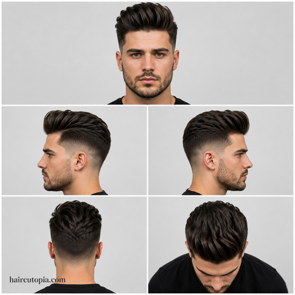 Five-view collage of a modern pompadour haircut with faded sides, showing front, left side, right side, back, and top views.