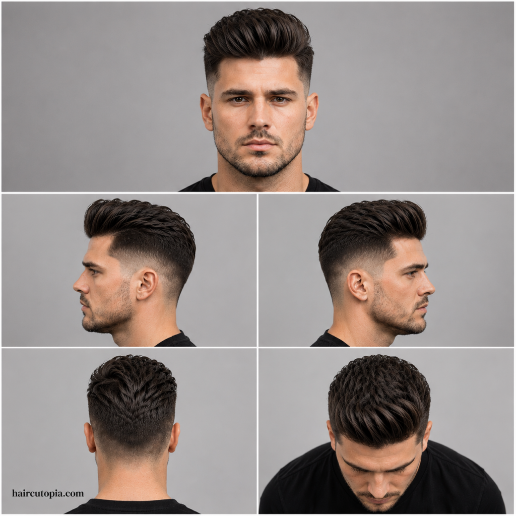 Five-view collage of a textured pompadour haircut with a tapered fade for a square face, shown from the front, sides, back, and top.
