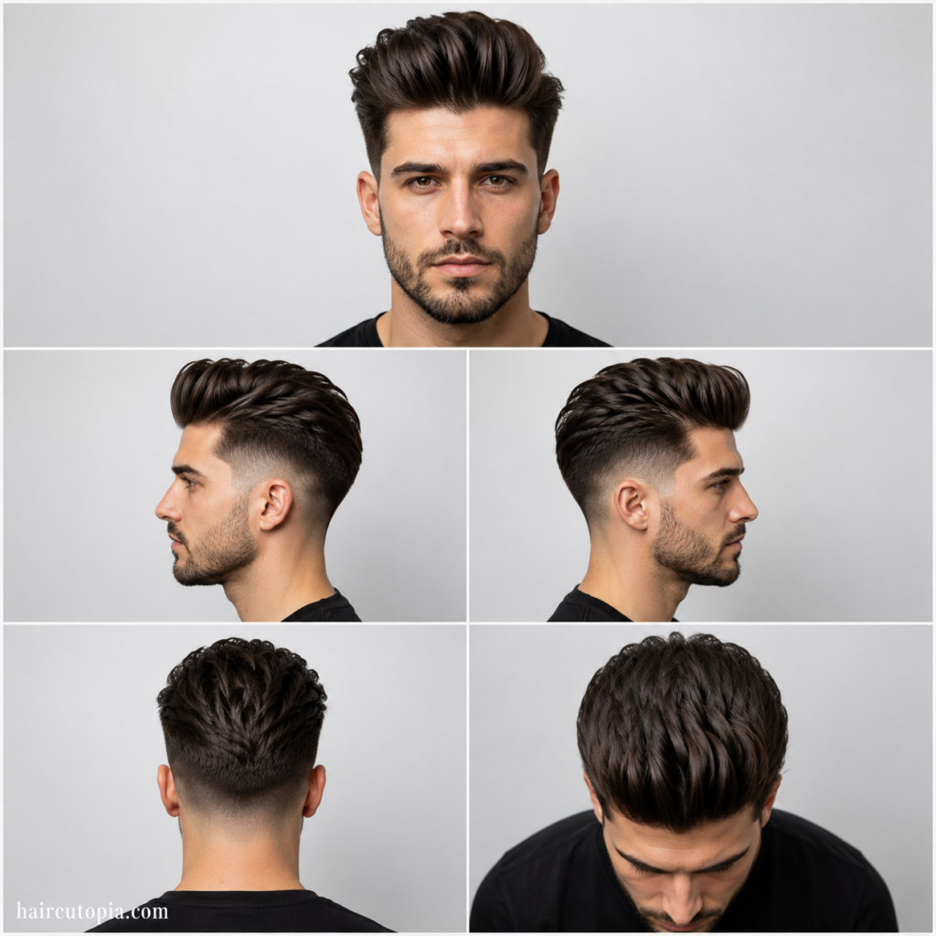 Five-view collage of a pompadour haircut for thick hair showing front, left side, right side, back, and top views