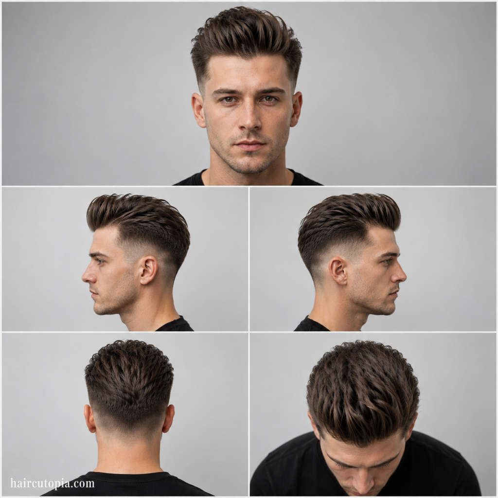 Five-view collage of a textured pompadour haircut for thin hair showing front, left side, right side, back, and top views