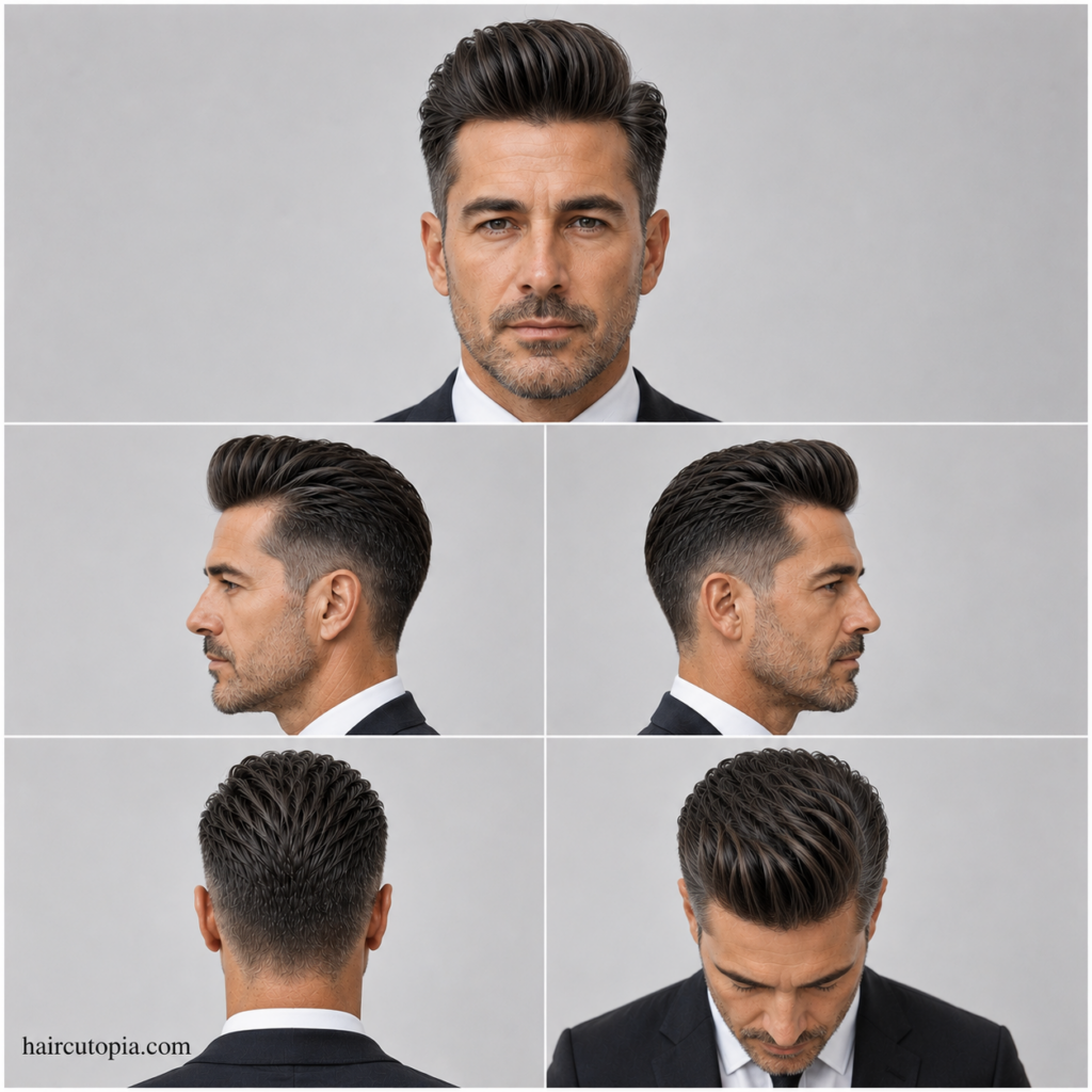 Five-view collage of a professional pompadour haircut for men showing the front, left side, right side, back, and top views