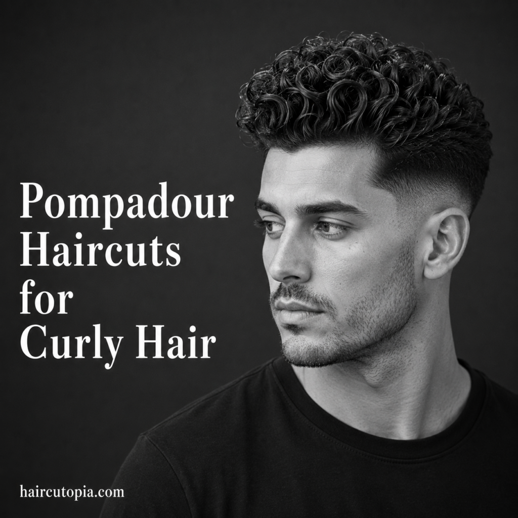 Curly pompadour haircut with defined curls on top and a clean faded undercut