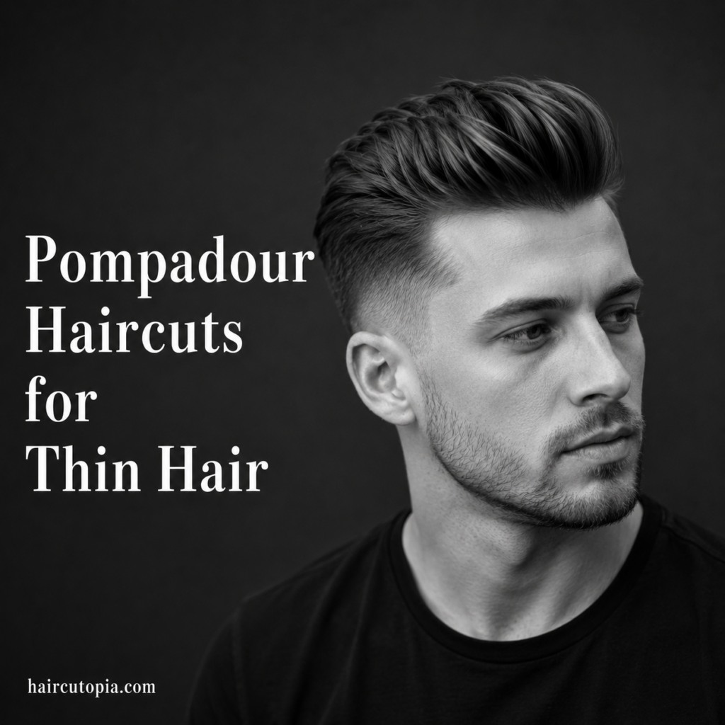 Pompadour haircut for thin hair with textured volume on top and a clean low fade