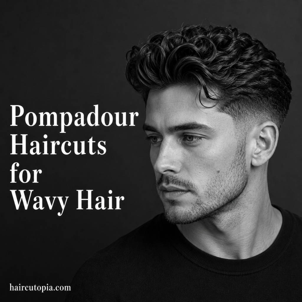 Wavy pompadour haircut with natural texture on top and a clean faded side profile
