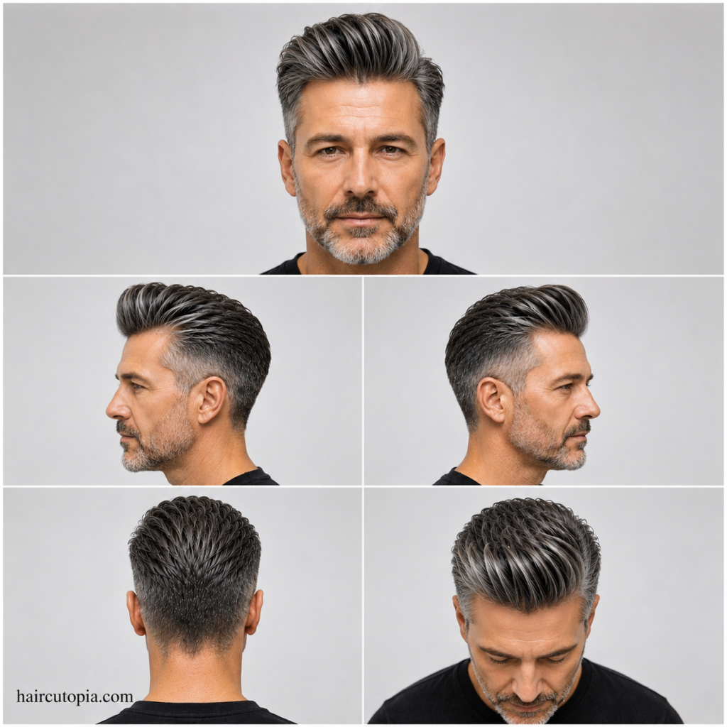 Five-view collage of a pompadour haircut for men over 40 showing the front, left side, right side, back, and top views
