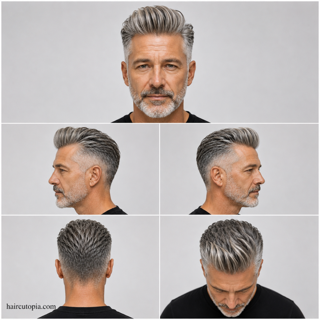 Five-view collage of a pompadour haircut for men over 50 showing the front, left side, right side, back, and top views