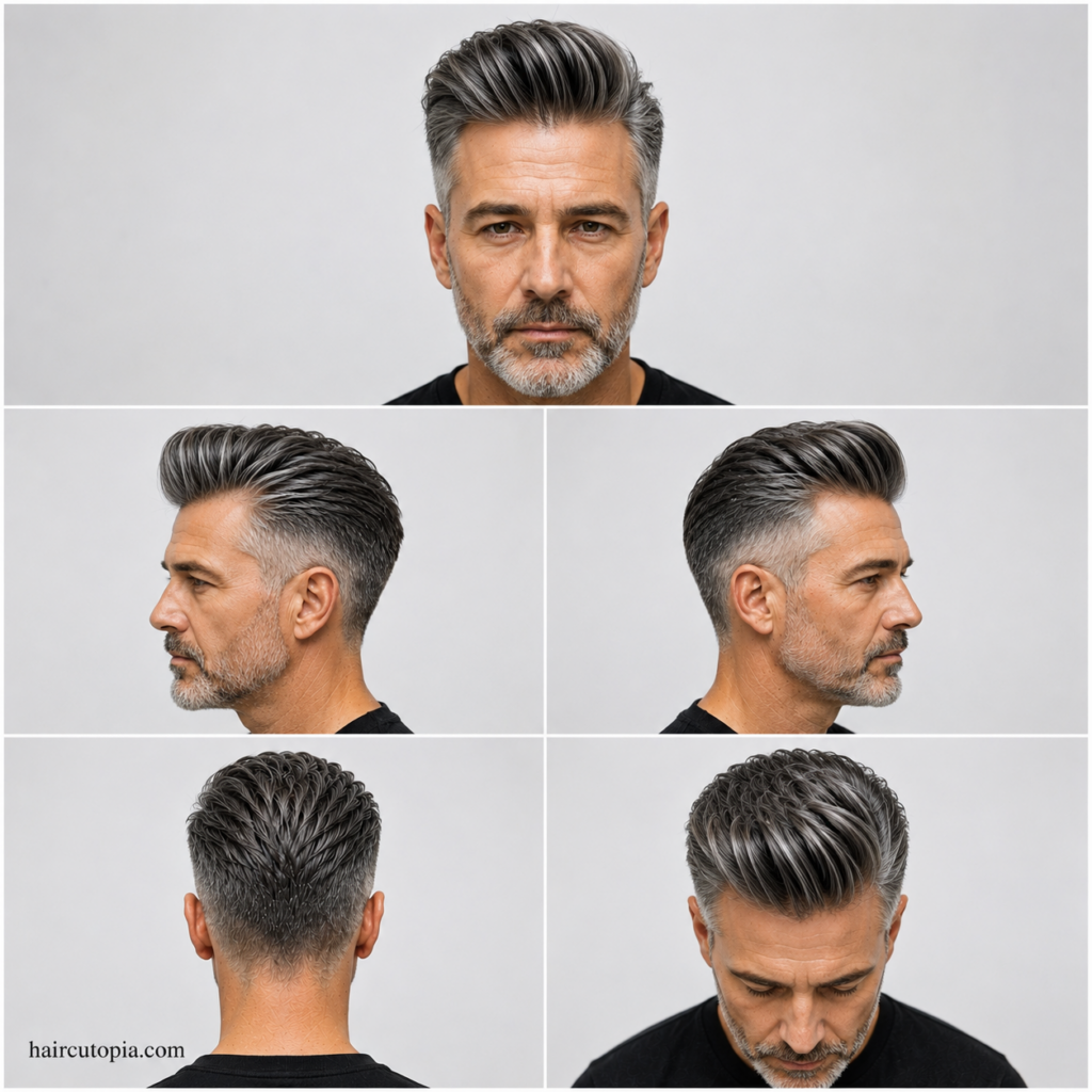 Five-view collage of a pompadour haircut for older men showing the front, left side, right side, back, and top views
