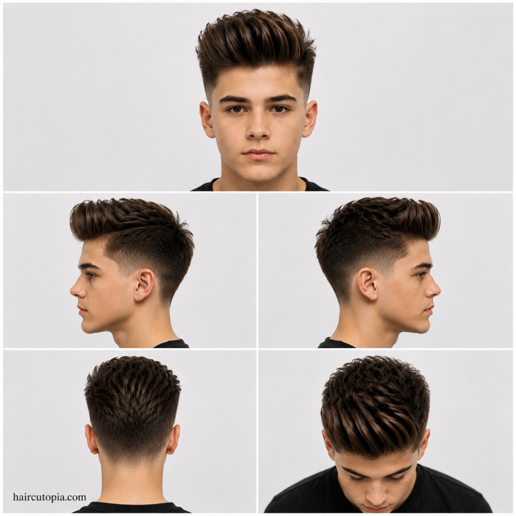 Five-view collage of a pompadour haircut for teen boys showing the front, left side, right side, back, and top views