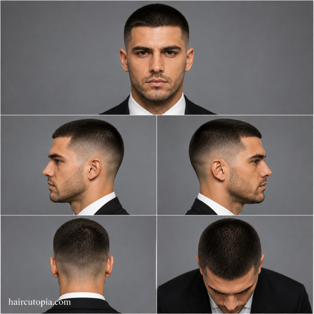 Five-panel collage showing a professional buzz cut haircut from the front, left side, right side, back, and top views.