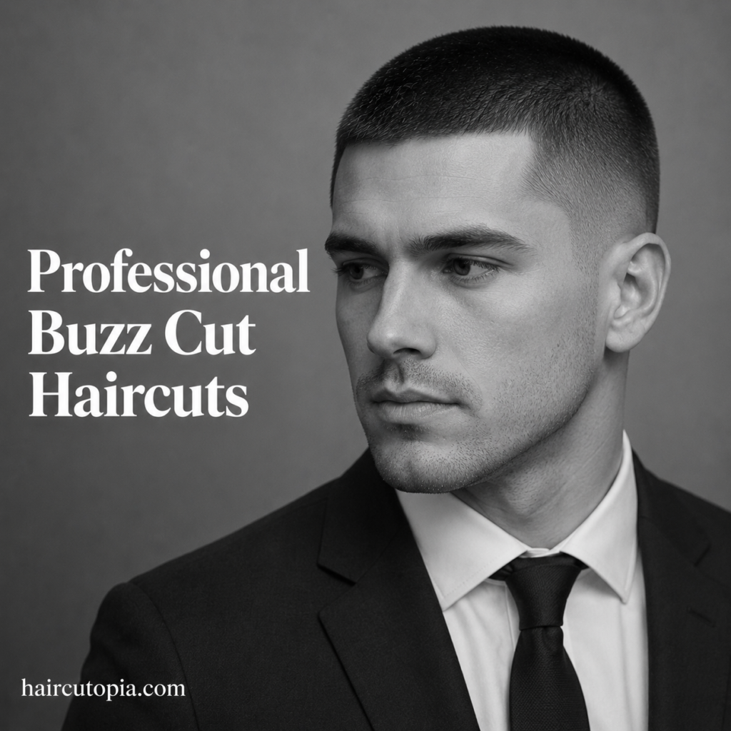 Professional man with a clean buzz cut haircut wearing a suit and tie in a modern black-and-white portrait.