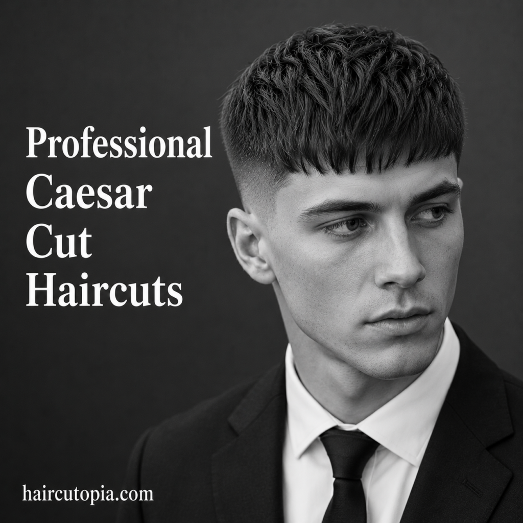 Professional man with a modern Caesar cut haircut and clean low fade wearing a business suit