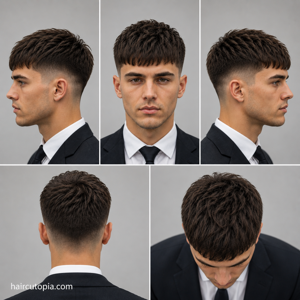 Five-panel collage showing a professional Caesar cut haircut from front, left side, right side, back, and top views