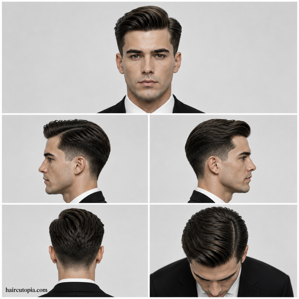 Five-view collage showing a professional men’s comb over haircut from the front, left side, right side, back, and top