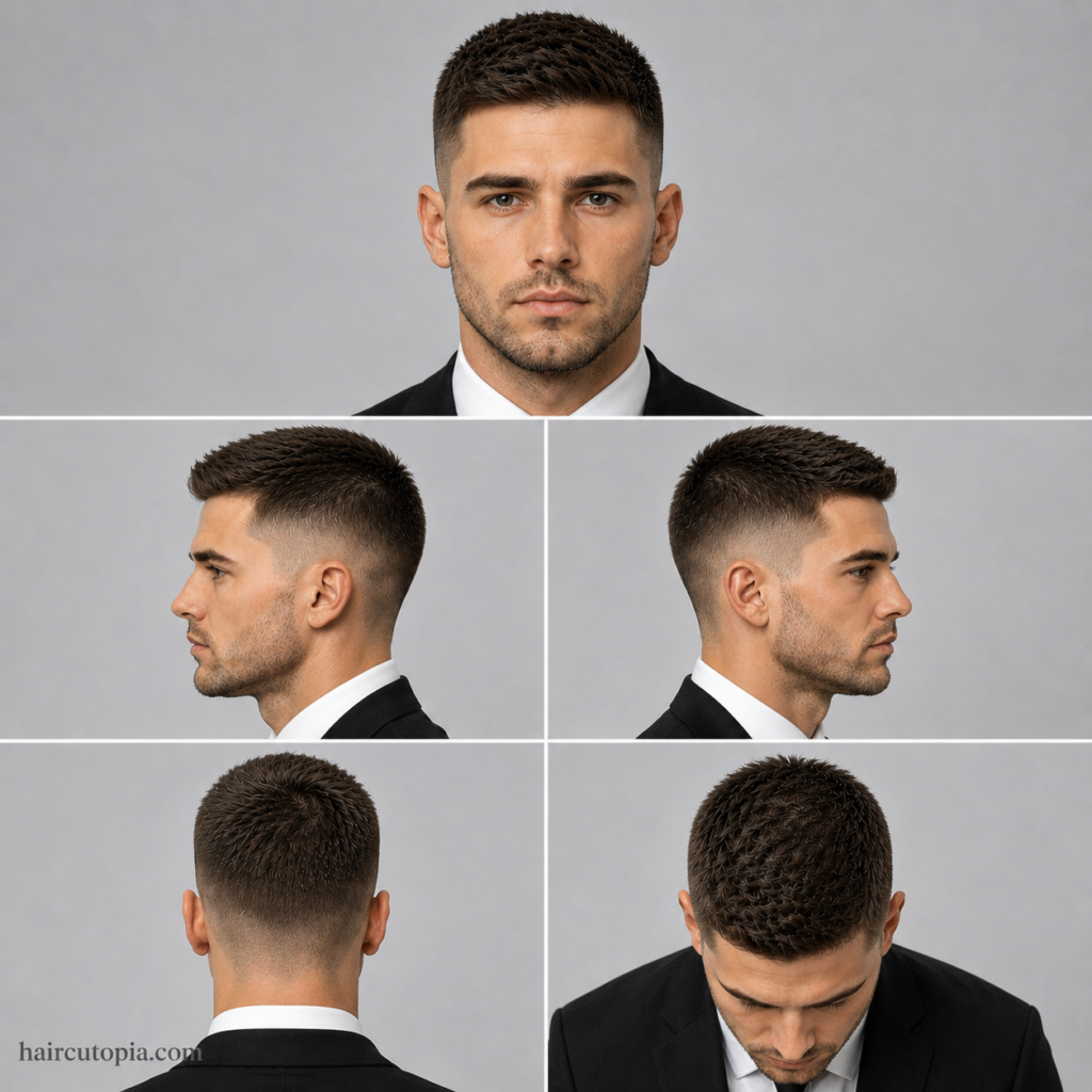 Five-panel collage showing a professional crew cut haircut from front, side, back, and top views