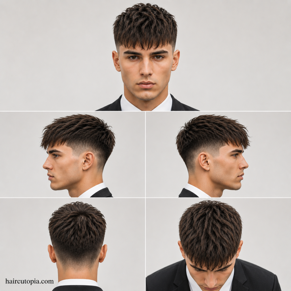 Five-view collage of a professional French crop haircut showing front, side, back, and top views