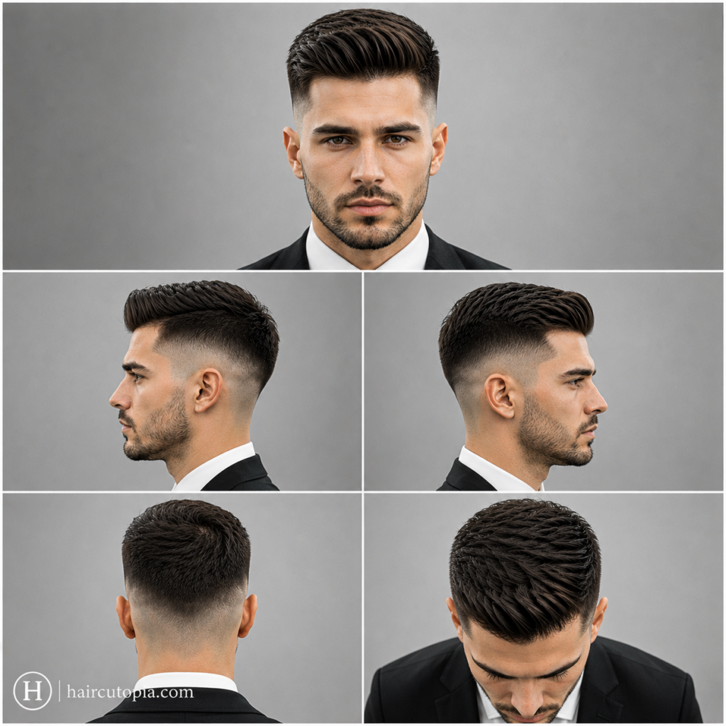 Five-panel collage showing a professional high fade haircut from the front, left side, right side, back, and top views.