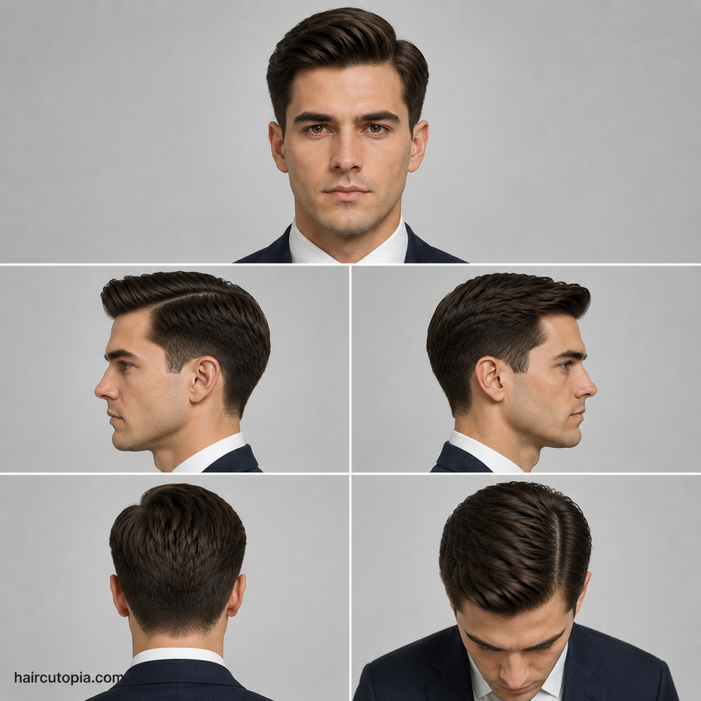 Five-view collage showing a professional Ivy League haircut from the front, left side, right side, back, and top view.
