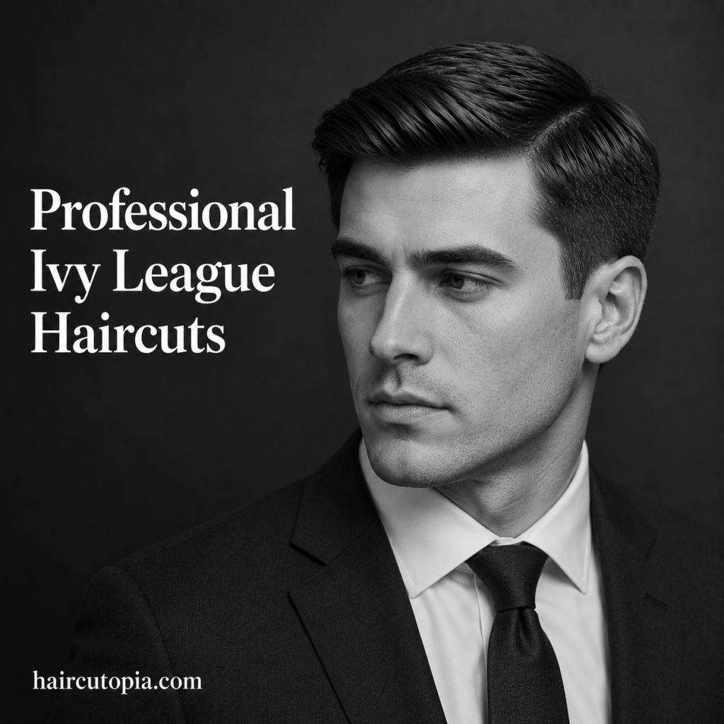 Business professional with a classic Ivy League haircut in a black and white editorial portrait featuring a clean side part and tapered sides.