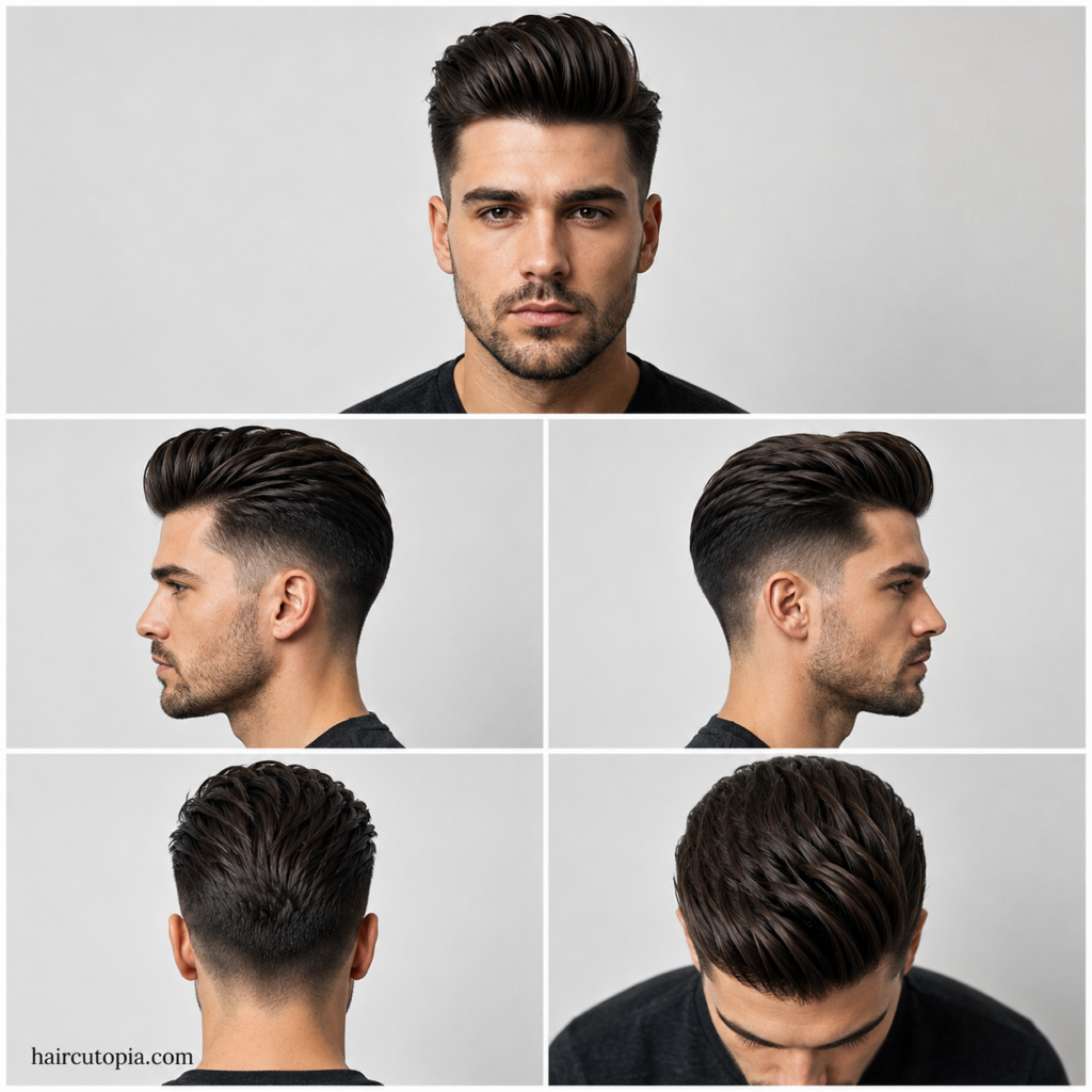 Five-view collage of a professional pompadour haircut for men showing the front, left side, right side, back, and top views