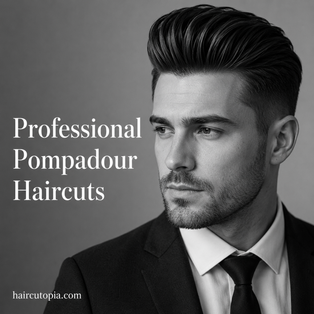 Professional pompadour haircut for men with swept-back volume, tapered sides, and a polished business-ready finish