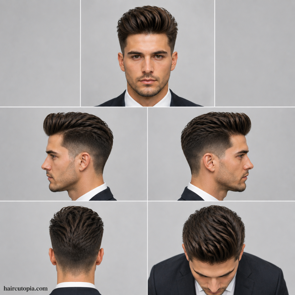 Five-panel collage showing a professional quiff haircut from the front, left side, right side, back, and bird's-eye views with controlled volume, tapered sides, and a polished business-ready finish.