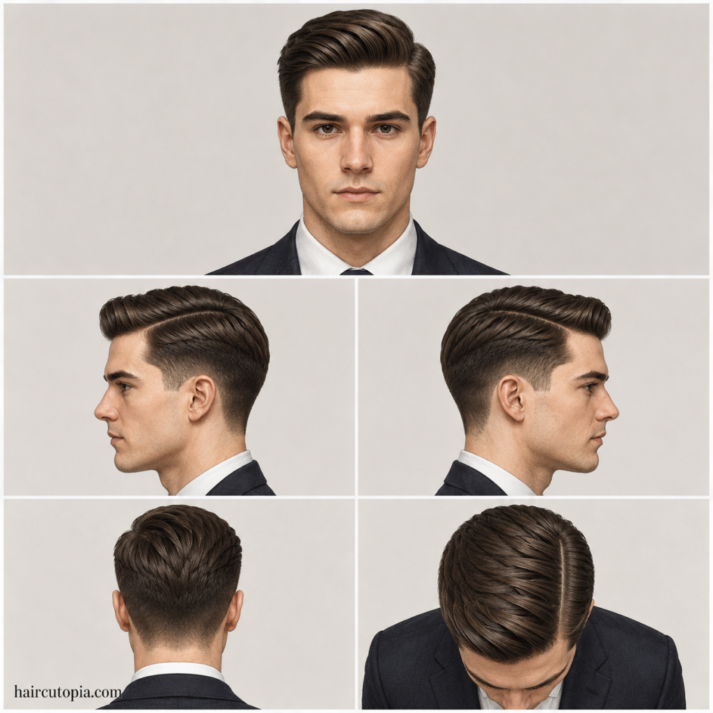 Five-view collage of a professional men’s side part haircut showing front, left side, right side, back, and top views