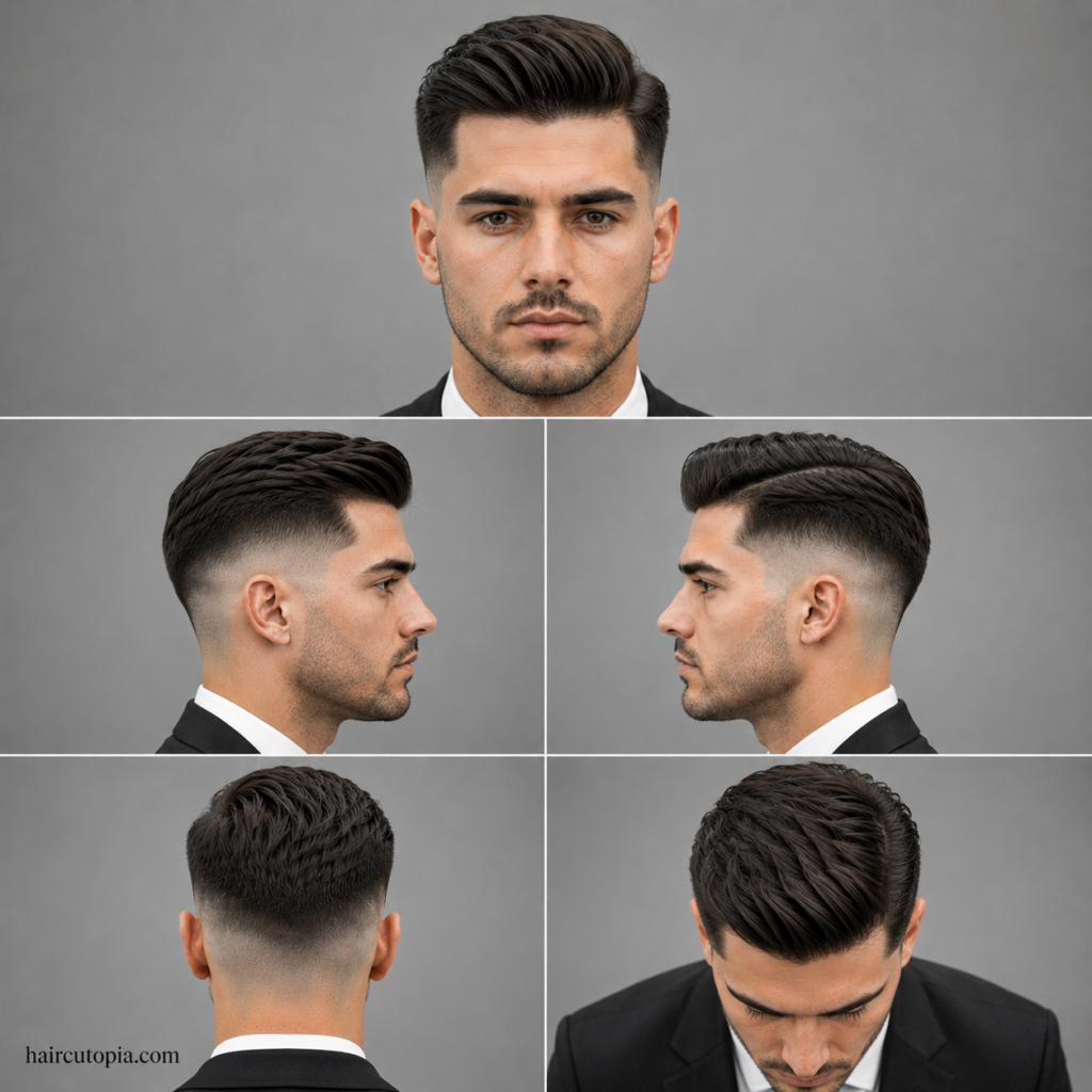 Five-panel collage showing a professional skin fade haircut from the front, left side, right side, back, and top views.