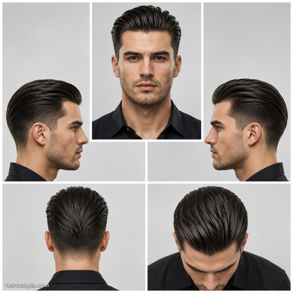 Five-panel collage showing a professional slick back haircut from the front, left side, right side, back, and top views, highlighting the clean taper, smooth styling, and polished business-ready finish.