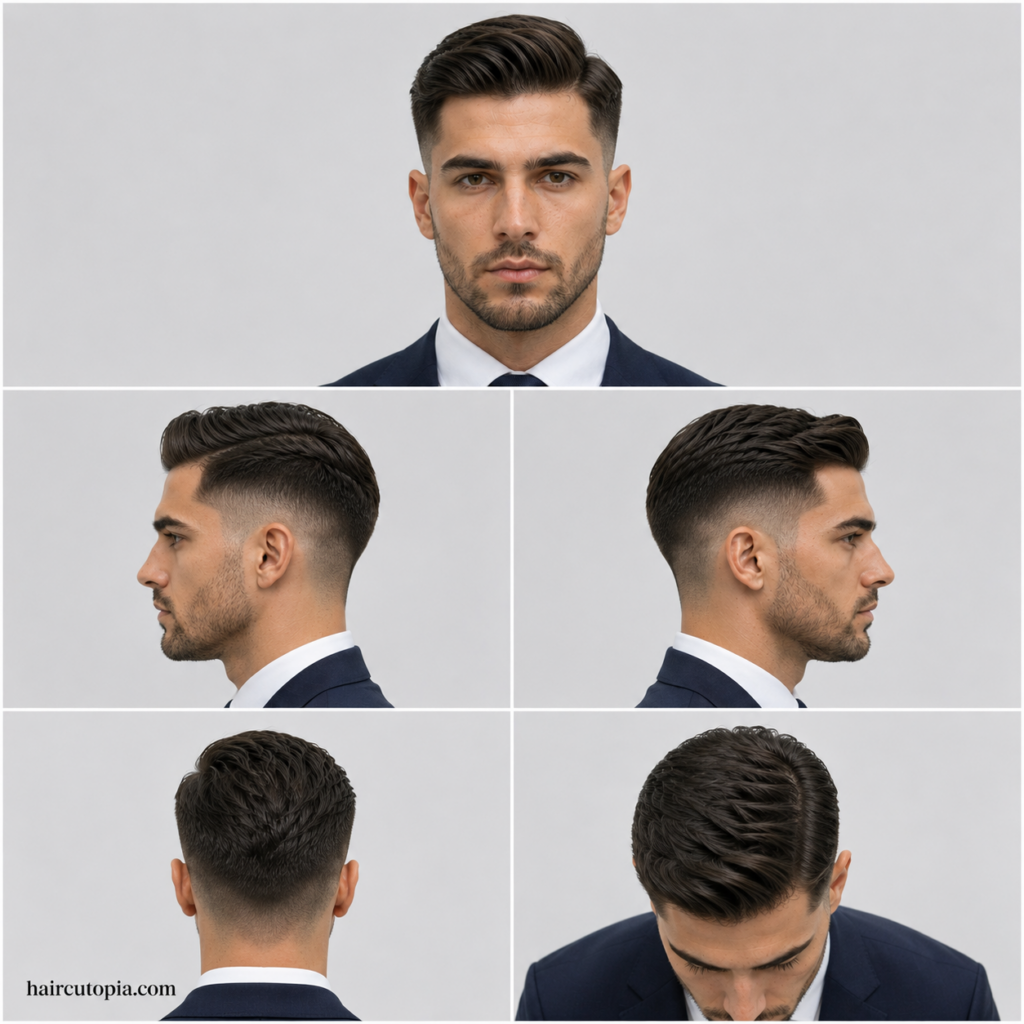 Five-panel collage of a professional taper fade haircut showing front view, left side view, right side view, back view, and top view.
