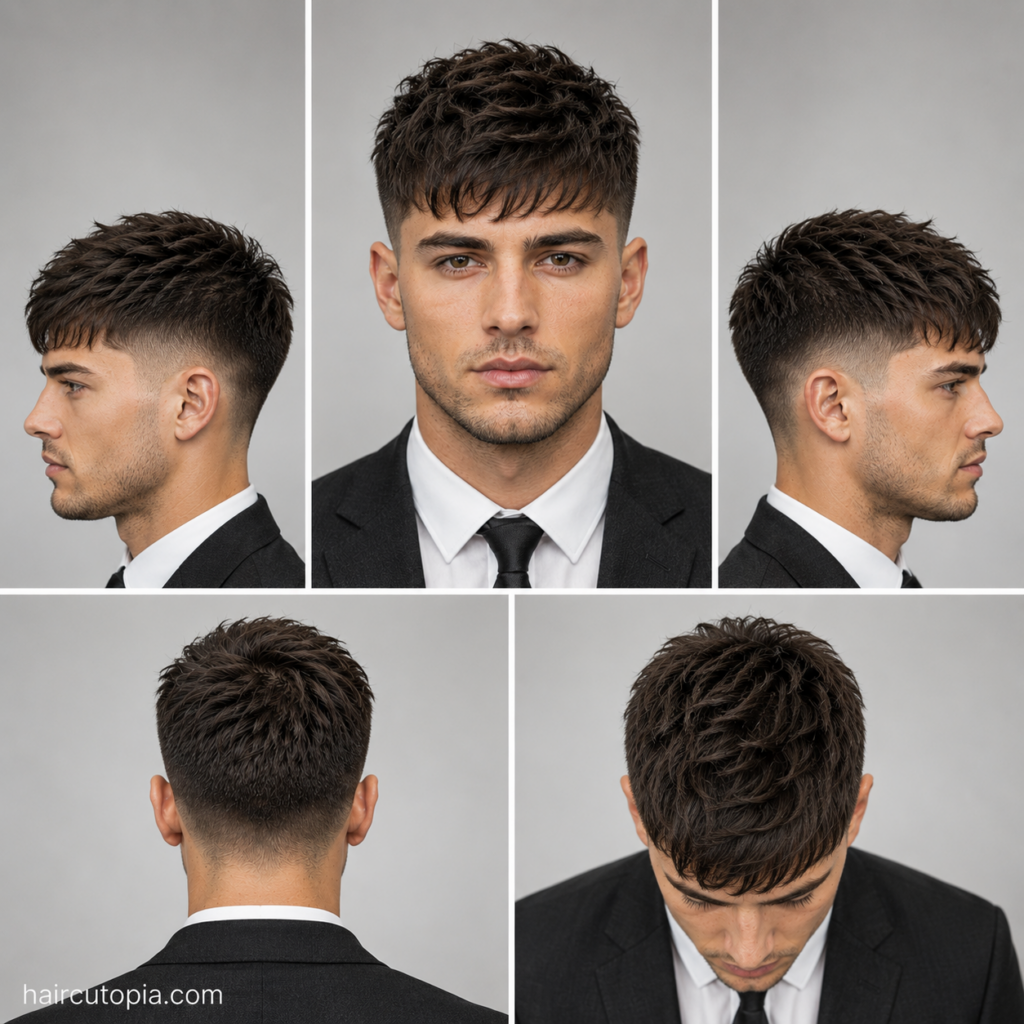 Five-view collage of a professional men's textured crop haircut showing the front, left side, right side, back, and bird's-eye views.