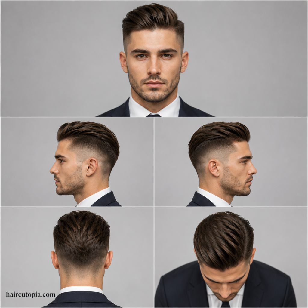 Five-panel collage showing a professional undercut haircut from the front, left side, right side, back, and bird's-eye views.