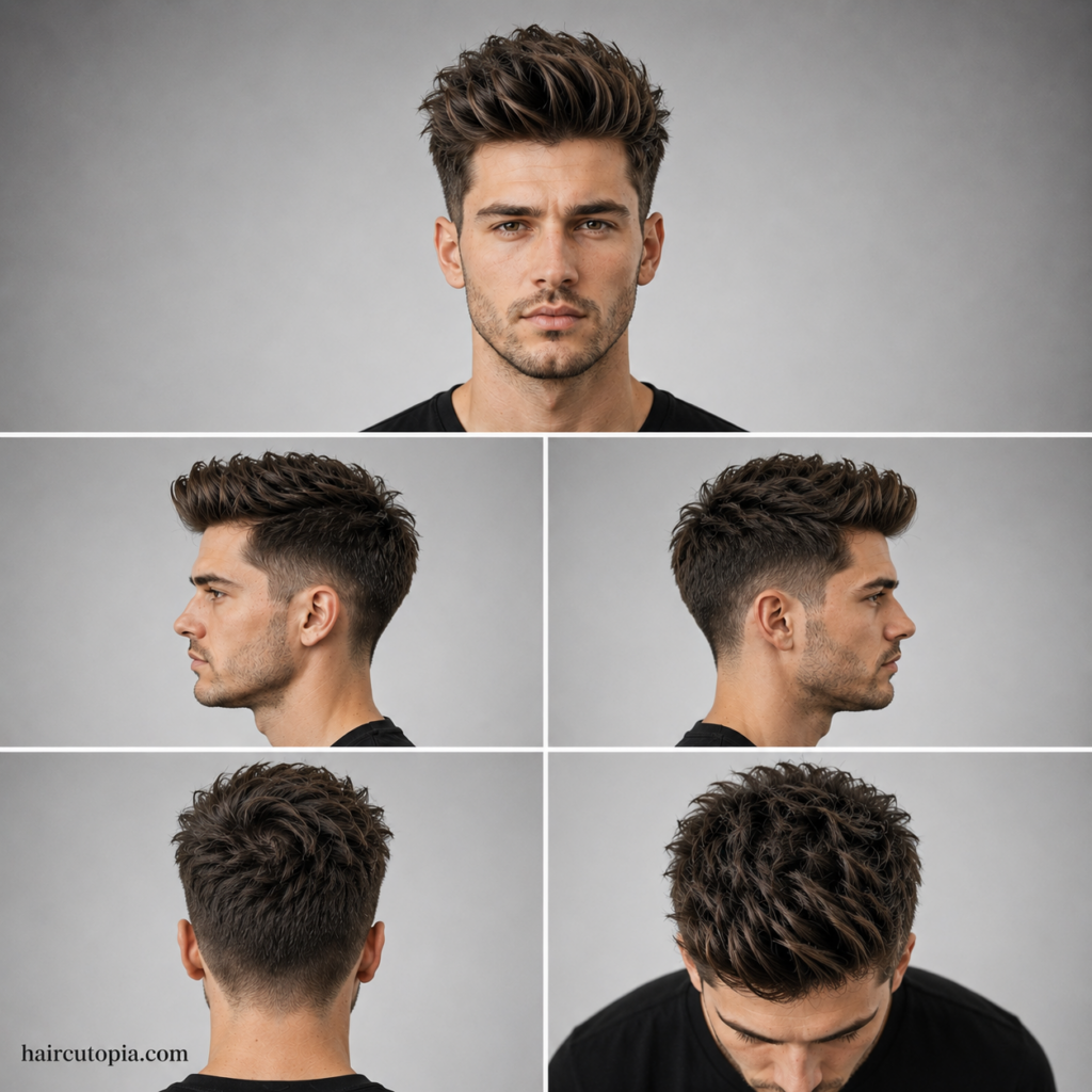 Five-view collage of a textured quiff haircut for coarse hair showing front, left side, right side, back, and top views