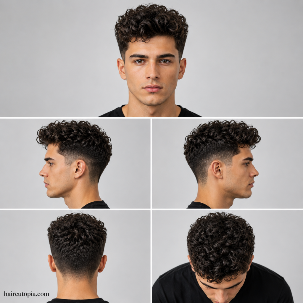 Five-view collage of a curly quiff haircut showing front, left side, right side, back, and top views