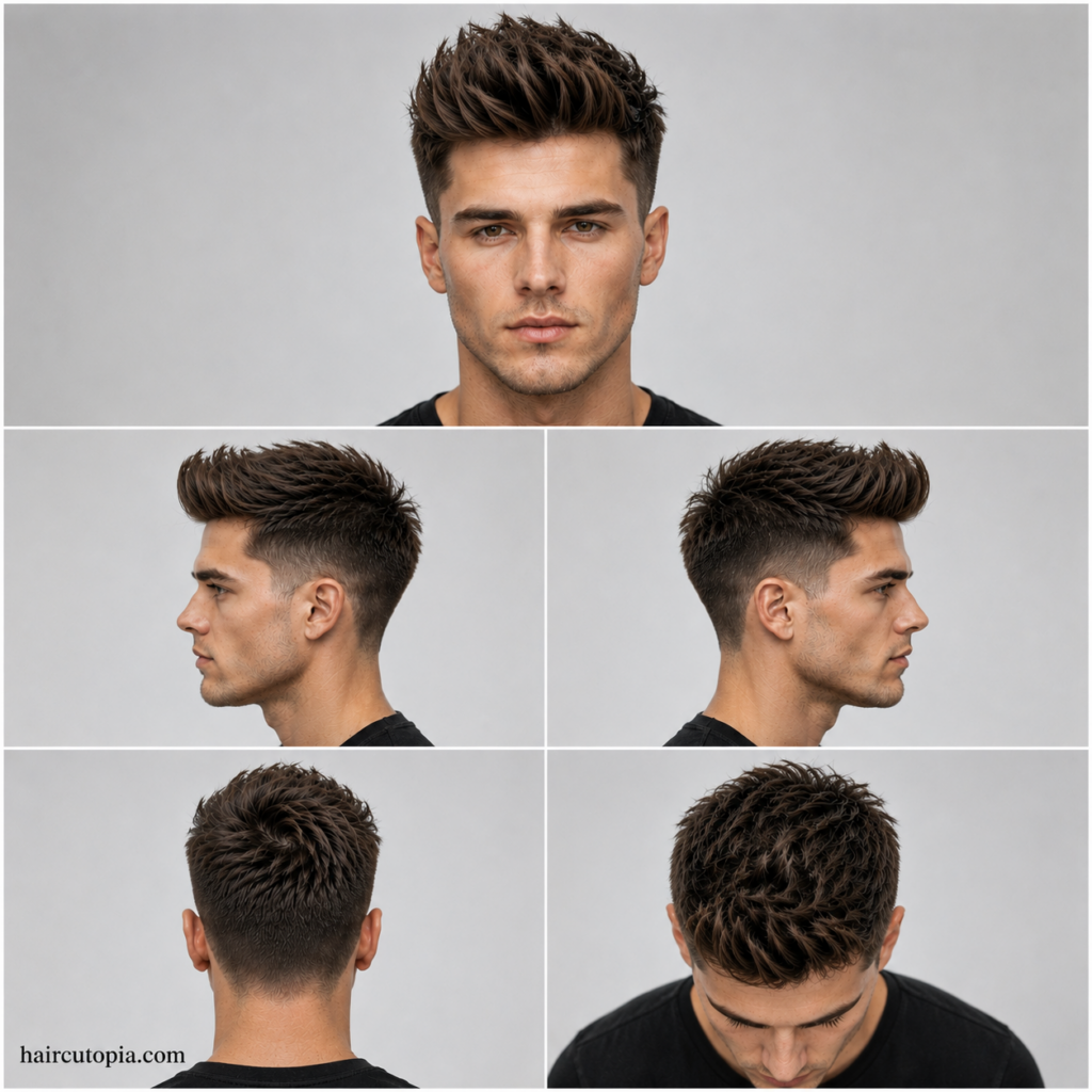 Five views of a textured quiff haircut with tapered sides for a diamond-shaped face, including front, side, back, and top angles