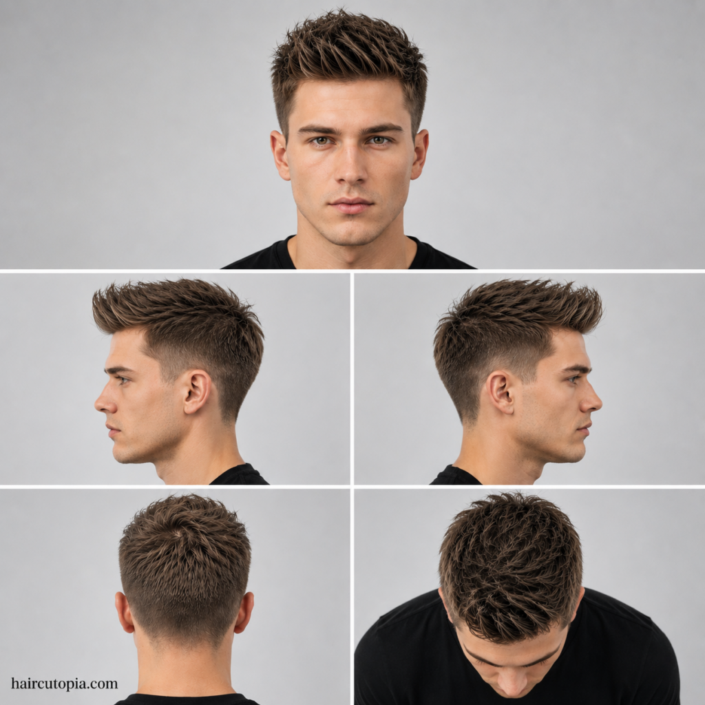 Five-view collage of a lightweight textured quiff haircut for fine hair showing front, left side, right side, back, and top views