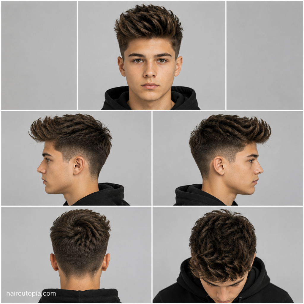 Five-panel collage showing a modern quiff haircut for a teen boy from the front, left side, right side, back, and bird's-eye views with textured volume and a clean taper fade.