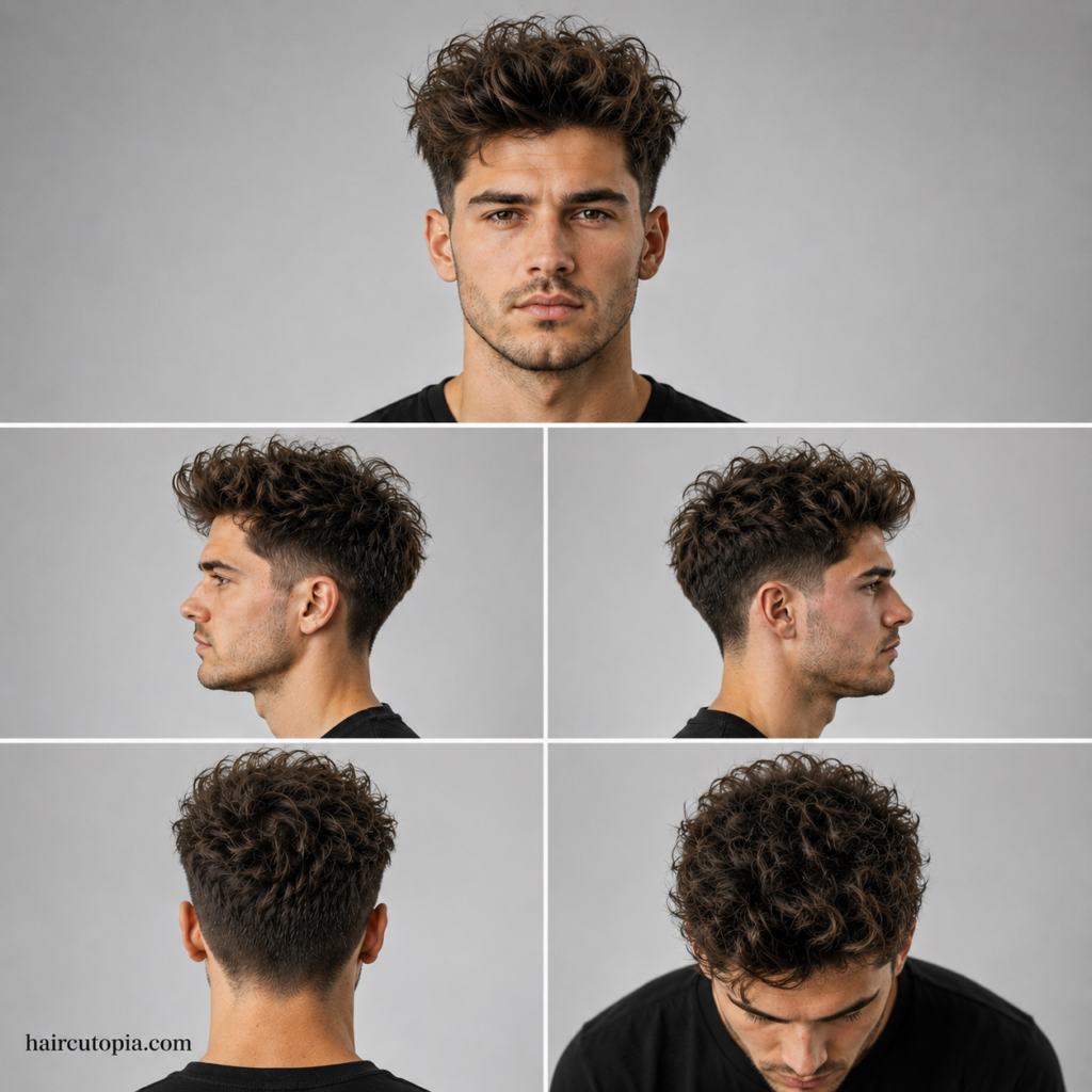 Five-view collage of a textured quiff haircut for frizzy hair showing front, left side, right side, back, and top views
