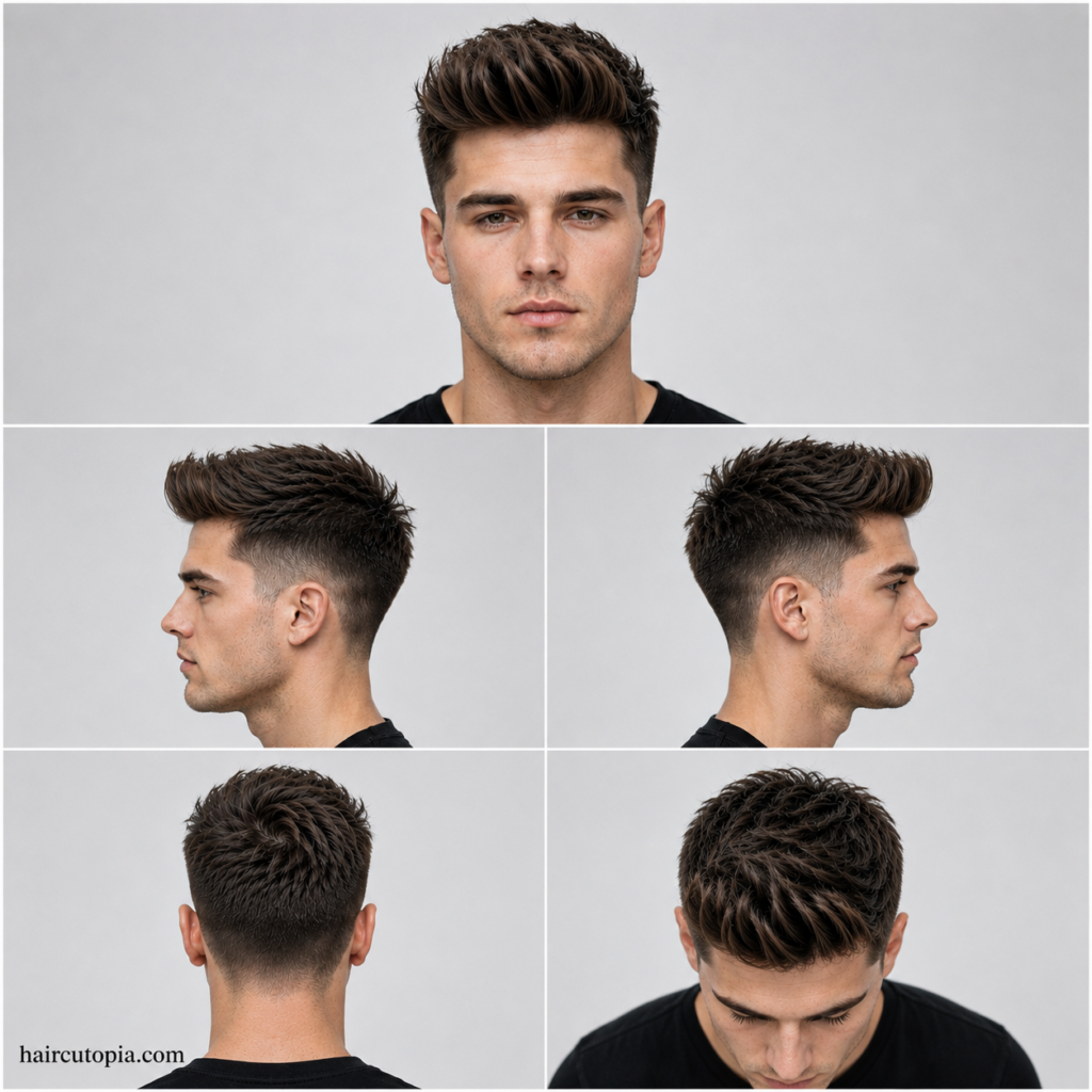 Five views of a textured quiff haircut with tapered sides for a heart-shaped face, including front, side, back, and top angles