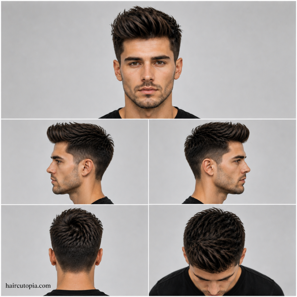 Five views of a low textured quiff haircut with tapered sides for a long face, including front, side, back, and top angles