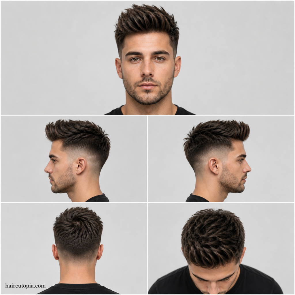 Five views of a textured quiff haircut with a tapered fade for an oval face, including front, side, back, and top angles