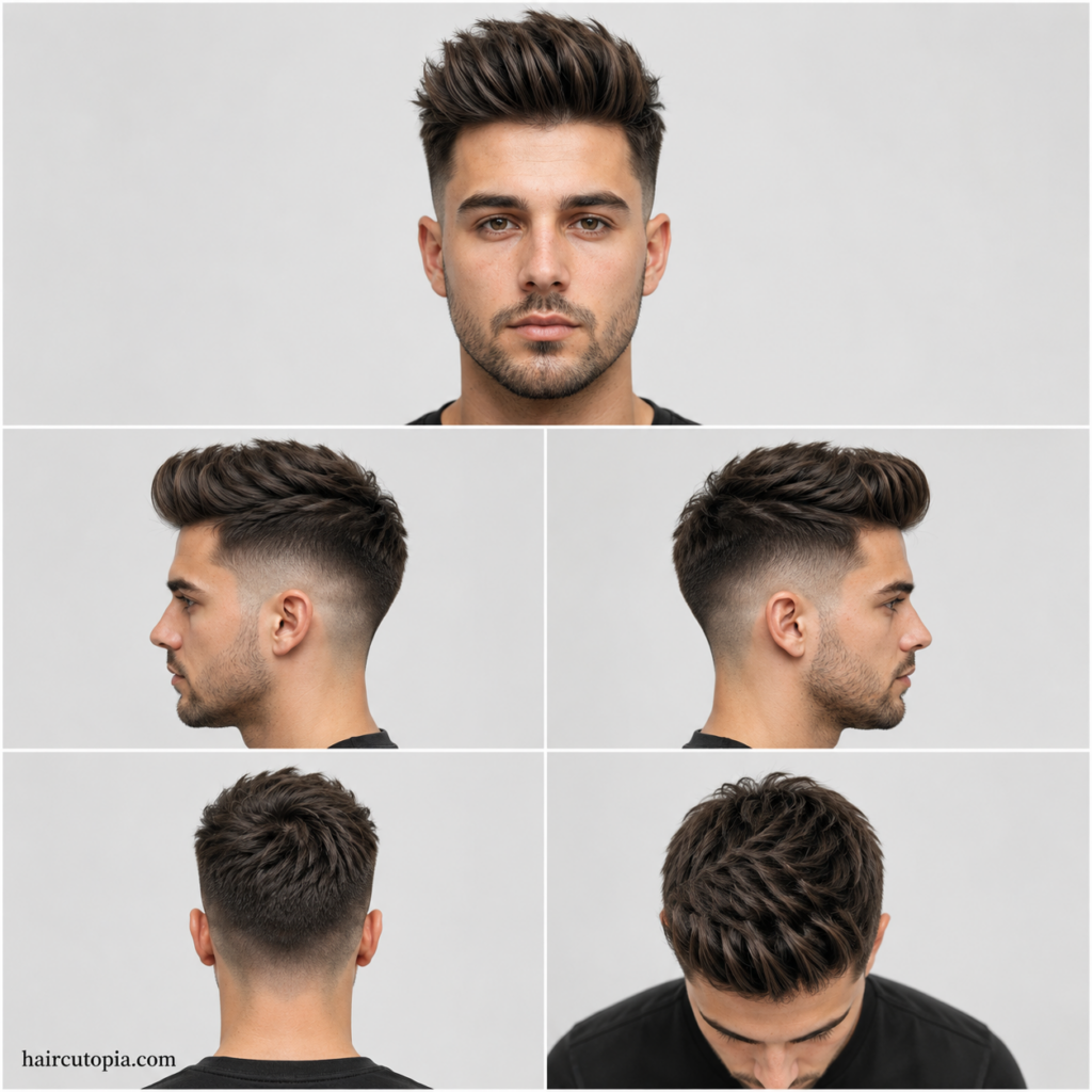 Five views of a textured quiff haircut with faded sides for a round face, including front, side, back, and top angles