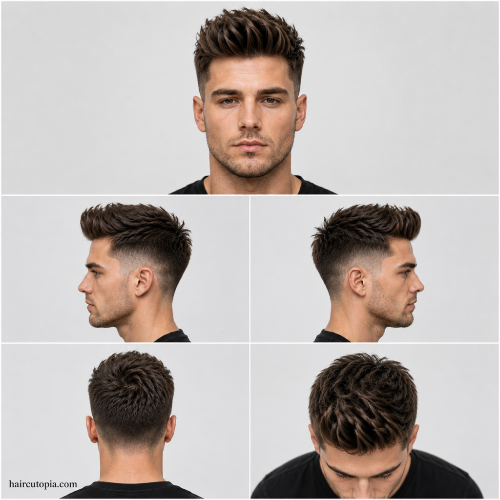 Five views of a textured quiff haircut with tapered sides for a square face, including front, side, back, and top angles