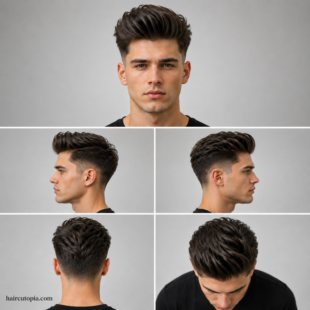 Five-view collage of a textured quiff haircut for straight hair showing front, left side, right side, back, and top views