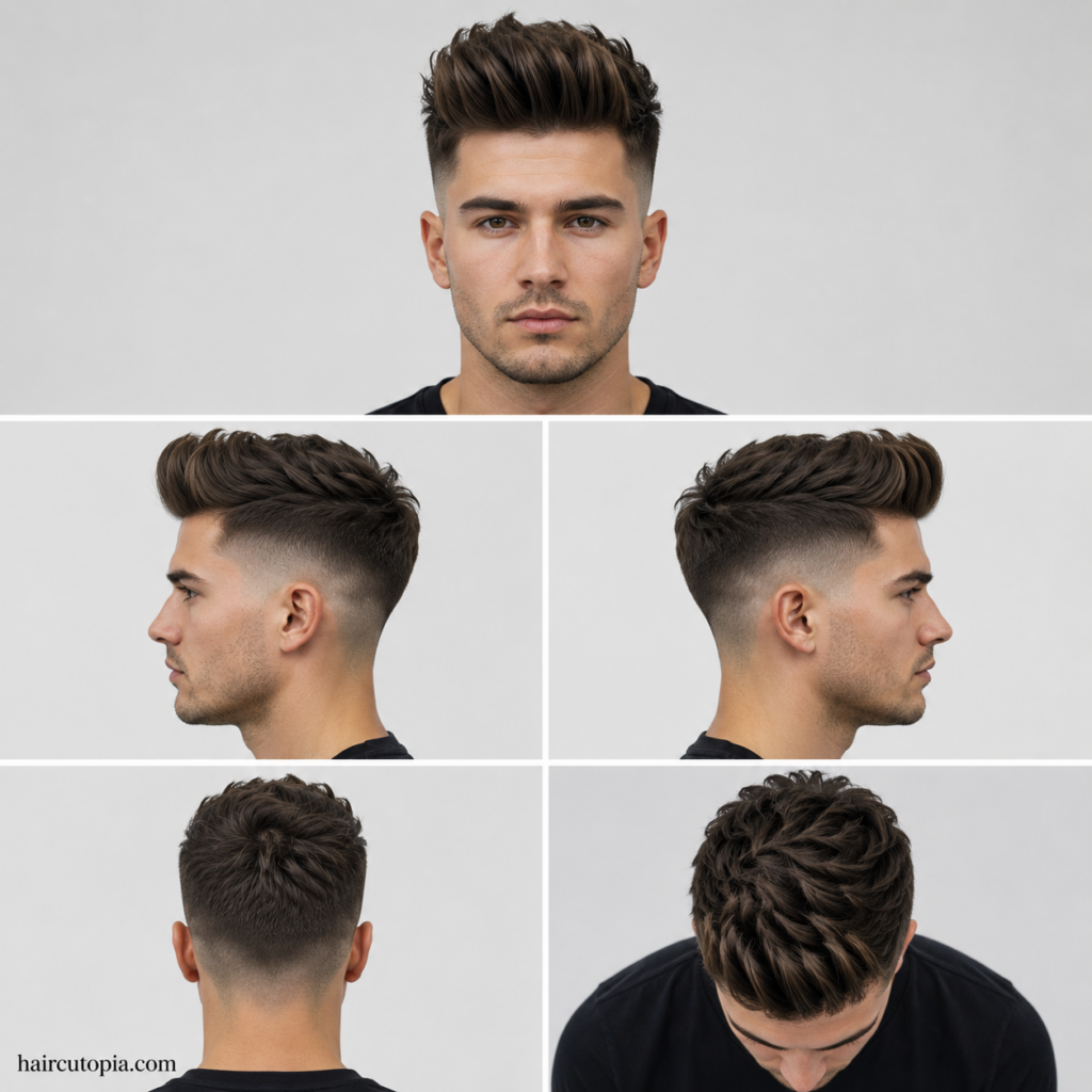 Five-view collage of a textured quiff haircut for thick hair showing front, left side, right side, back, and top views