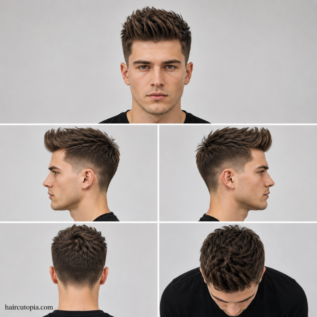 Five-view collage of a short textured quiff haircut for thin hair showing front, left side, right side, back, and top views