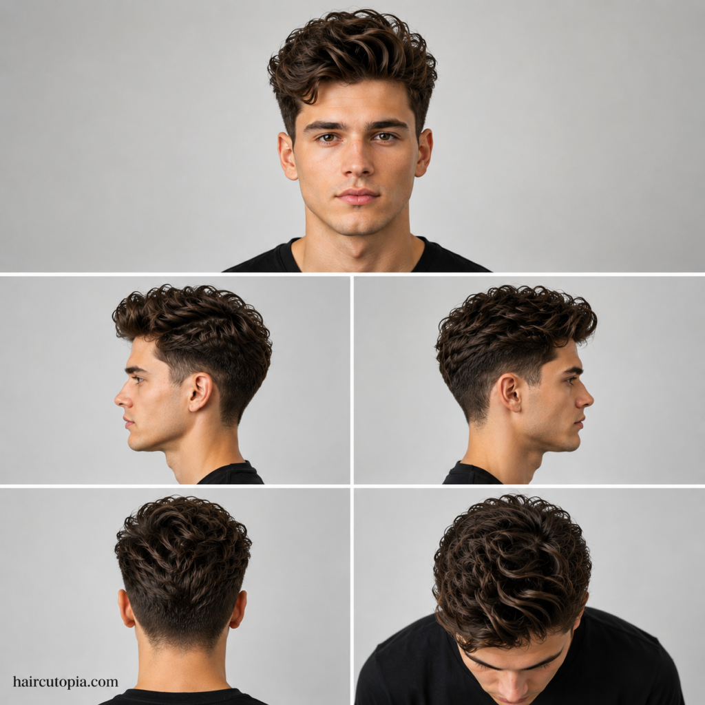 Five-view collage of a textured wavy quiff haircut showing front, left side, right side, back, and top views
