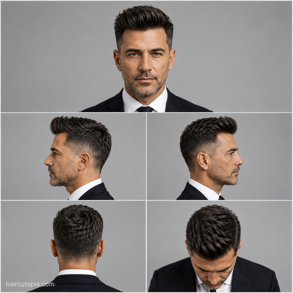 Five-panel collage showing a professional quiff haircut from the front, left side, right side, back, and bird's-eye views with clean volume, neatly tapered sides, and an executive finish.