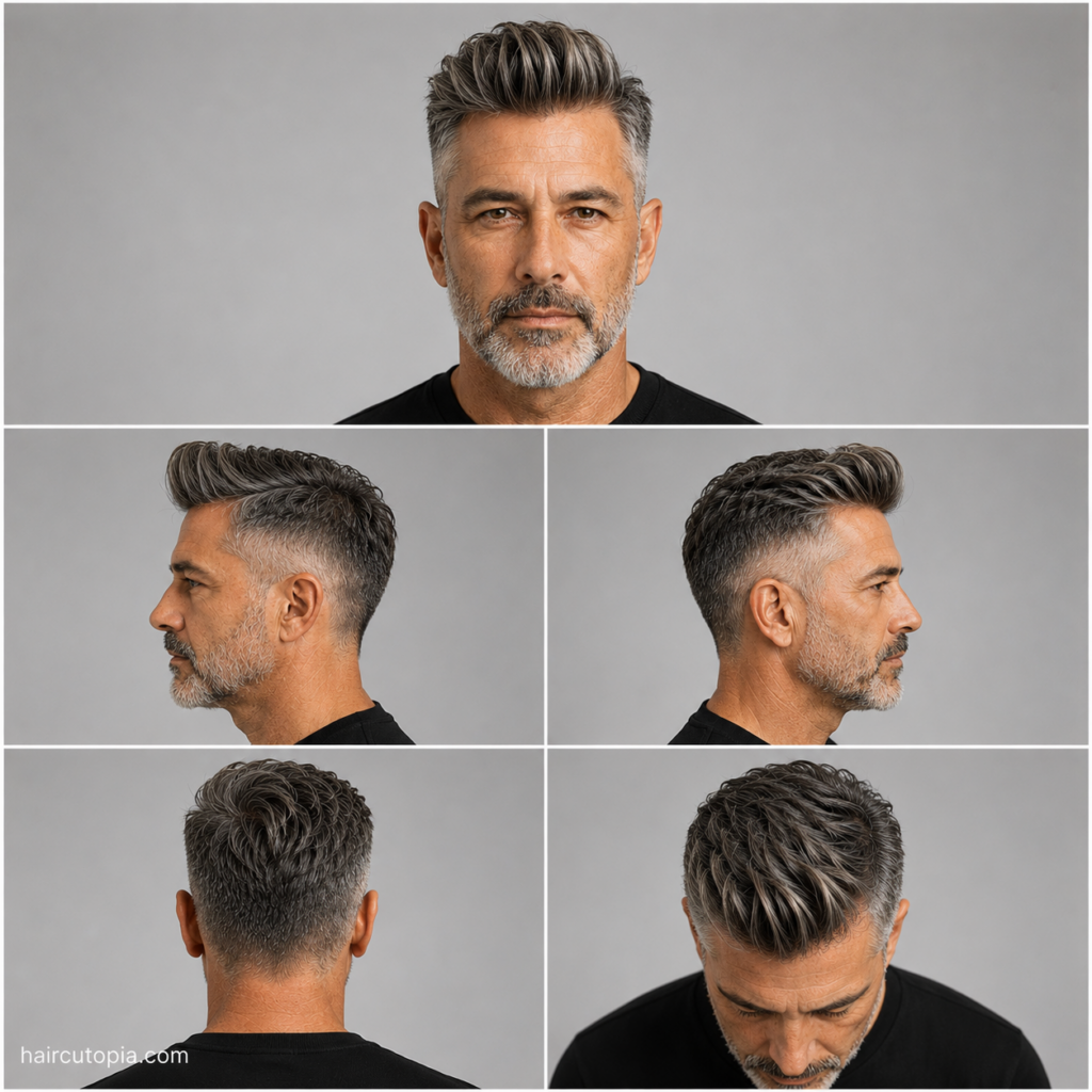 Five-panel collage showing a quiff haircut for a man over 40 from the front, left side, right side, back, and bird's-eye views with salt-and-pepper hair, natural volume, and neatly tapered sides.